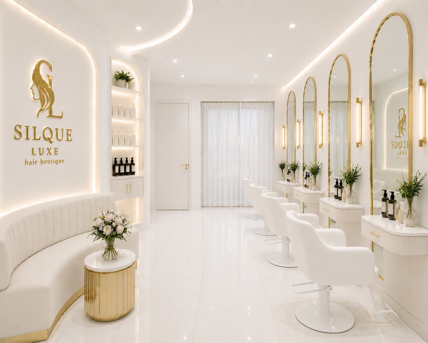 The white and gold interior of Silque Luxe hair boutique